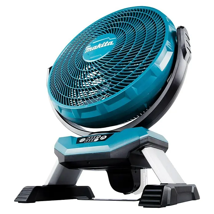 Makita LXT 18V Ventilador de batería DCF301 - 18 V, Sin batería - Ventilador portátil Makita turquesa y negro sobre un soporte, mostrando los controles en la base.