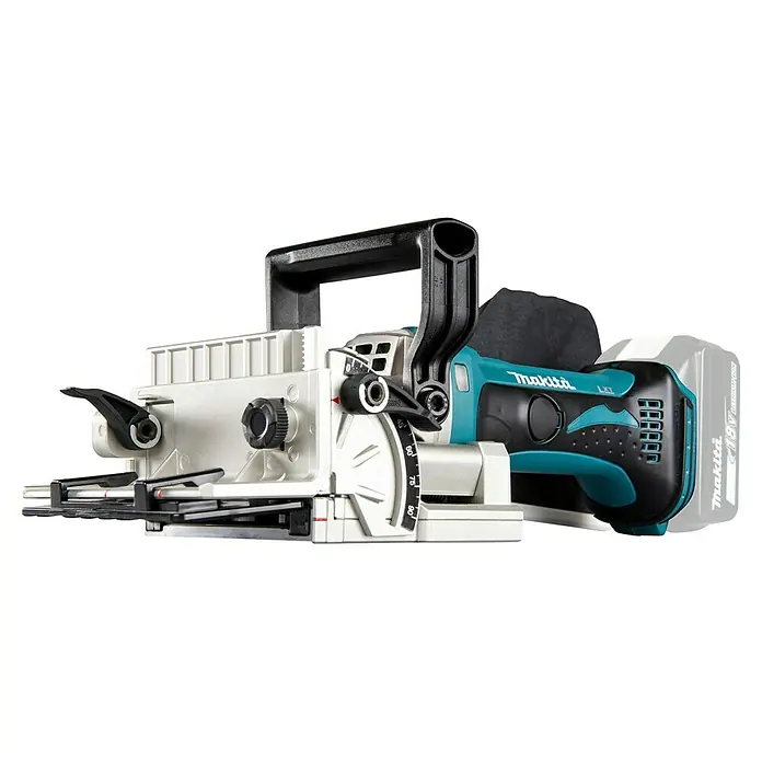 Makita LXT 18V Akku-Flachdübelfräse DPJ180Z - 18 V, Ohne Akku, 0 Ah, Schnitttiefe: 20 mm - Makita Akku-Flachdübelfräse in Türkis, Schwarz und Silber mit einstellbaren Winkel- und Tiefeneinstellungen und Akku.