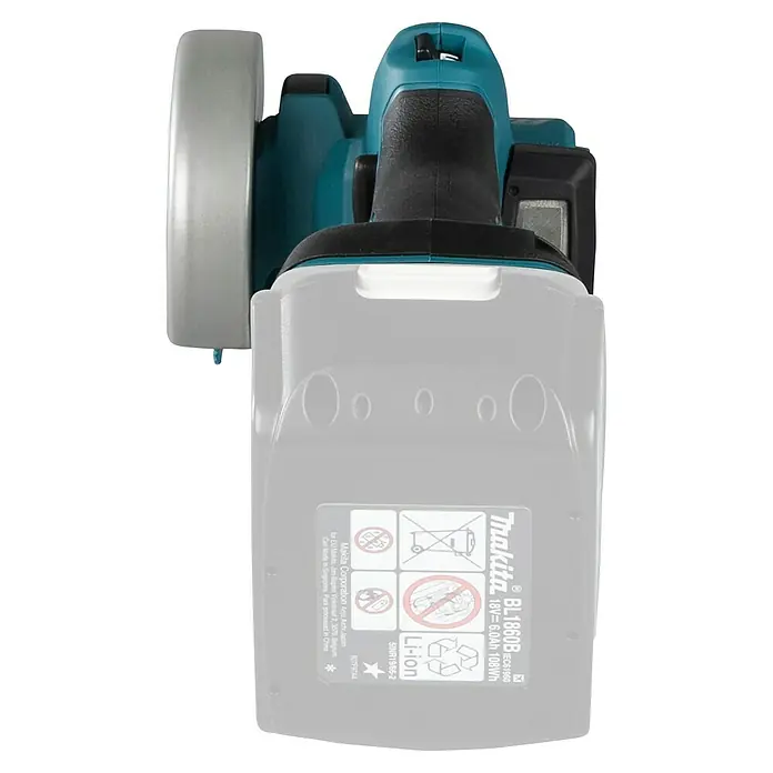 Makita LXT 18V Amoladora angular de batería DMC300Z - 18 V, Sin batería - Sierra circular inalámbrica turquesa y negra con protector de hoja gris y batería Li-ion Makita 18V 6.0Ah acoplada.