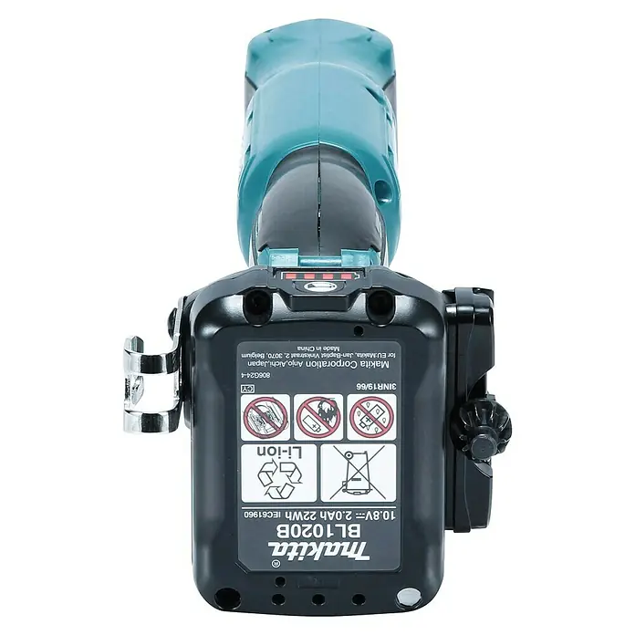 Makita CXT 12V max. Akku-Winkelbohrmaschine DA332DSYJ - 12 V, 1 Akku - Eine schwarze Makita BL1020B 10,8V Li-Ion Batterie, eingesetzt in einen hellblauen Werkzeuggriff, mit Produktetiketten und Gürtelclip.