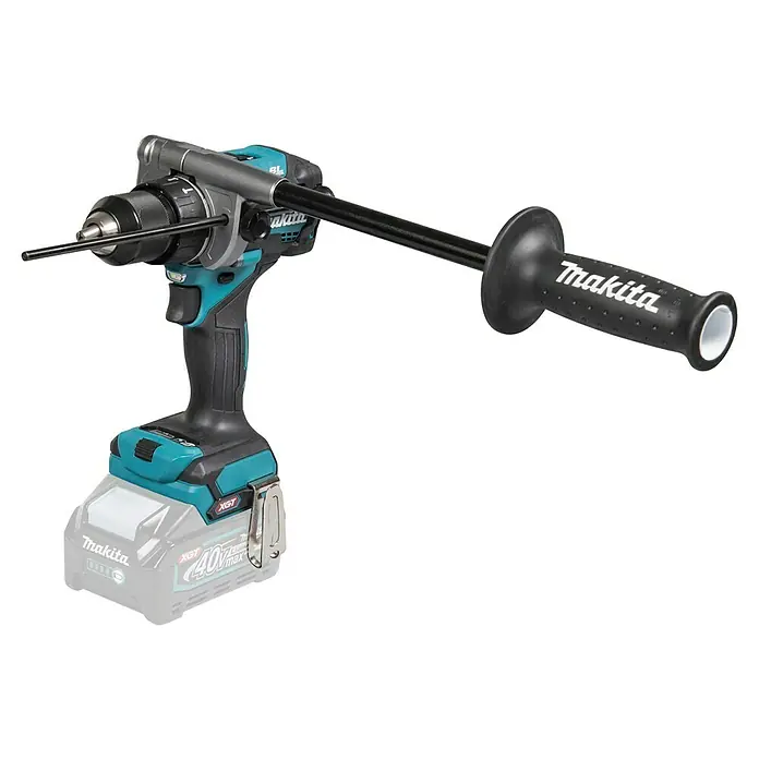 Makita XGT 40V max. Akku-Schlagbohrschrauber HP001GZ - 40 V, Ohne Akku - Türkis-schwarze Makita Akku-Bohrmaschine mit Seitenhandgriff, Tiefenanschlag und Akkupack.
