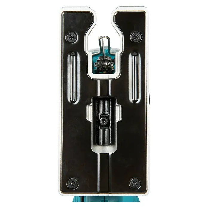 Makita LXT 18V Akku-Pendelhubstichsäge DJV186Z - 18 V, Ohne Akku, 2.900 /min - Stichsägen-Bodenplatte aus silbernem und schwarzem Metall mit Sägeblattmechanismus und Schrauben.