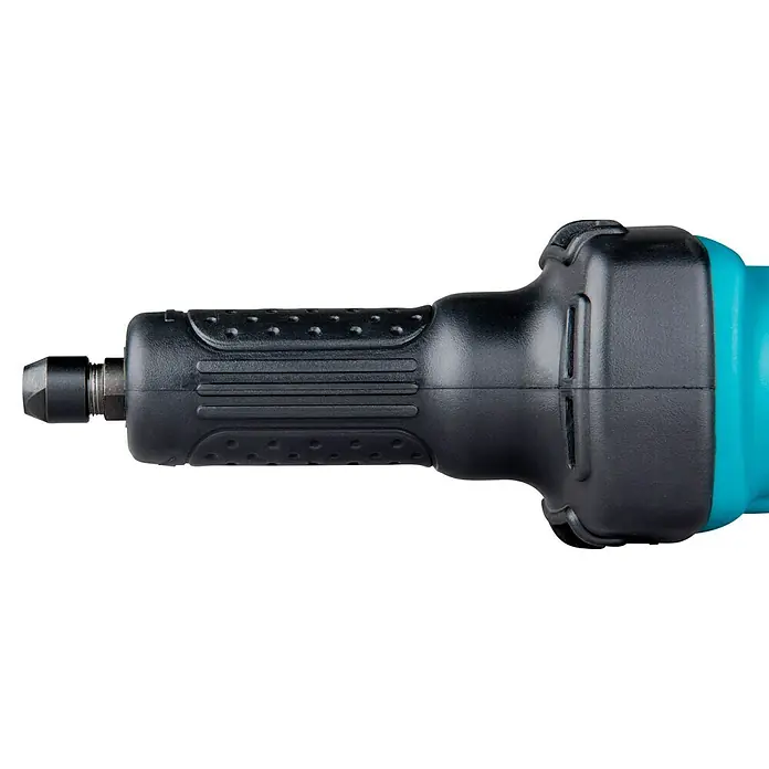 Makita Geradschleifer GD0600 - 400 W, 25.000 U/min - Nahaufnahme eines schwarz-türkisen Rotationswerkzeugs mit strukturiertem Griff und Metallspannzange.