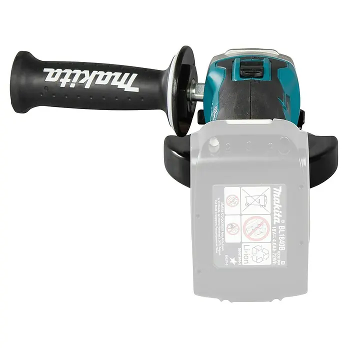 Makita LXT 18V Akku-Winkelschleifer DGA504Z - 18 V, Li-Ionen, Ohne Akku, Durchmesser Scheibe: 125 mm - Makita Akku-Winkelschleifer mit schwarzem Griff und türkis-schwarzem Gehäuse, inklusive grauem Makita 18V 4.0Ah Akku.