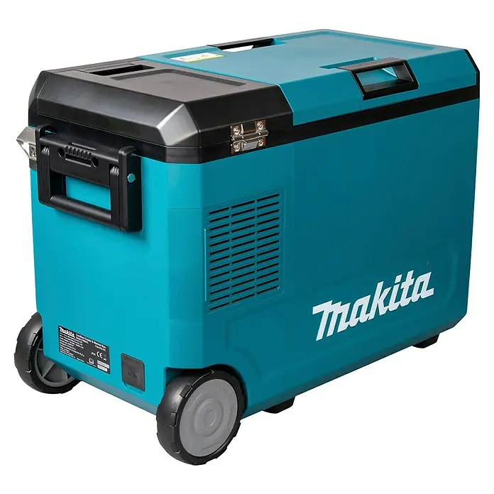 Makita Akku-Kühlbox zum Kühlen & Warmhalten CW004GZ - 18 V, Ohne Akku, 29 l - Türkise Makita Kühl- und Wärmebox mit schwarzem Deckel, Griffen und Rollen.