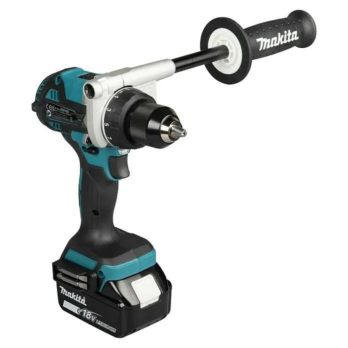Makita LXT 18V Taladro atornillador de batería DDF492RTJ - 18 V, 2 baterías, 130 Nm - Taladro/atornillador inalámbrico Makita negro y turquesa con portabrocas plateado, embrague, mango auxiliar y batería de 18V Li-Ion.