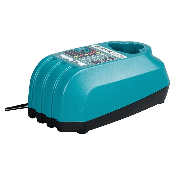 Makita Ladegerät DC10WA - Passend für: Makita Li-Ionen-Blockakkus 7,2 - 10,8 V - Türkiser und schwarzer Makita DC10WA Li-Ion Akkuladegerät mit Anzeigeleuchten und Rillenmuster.
