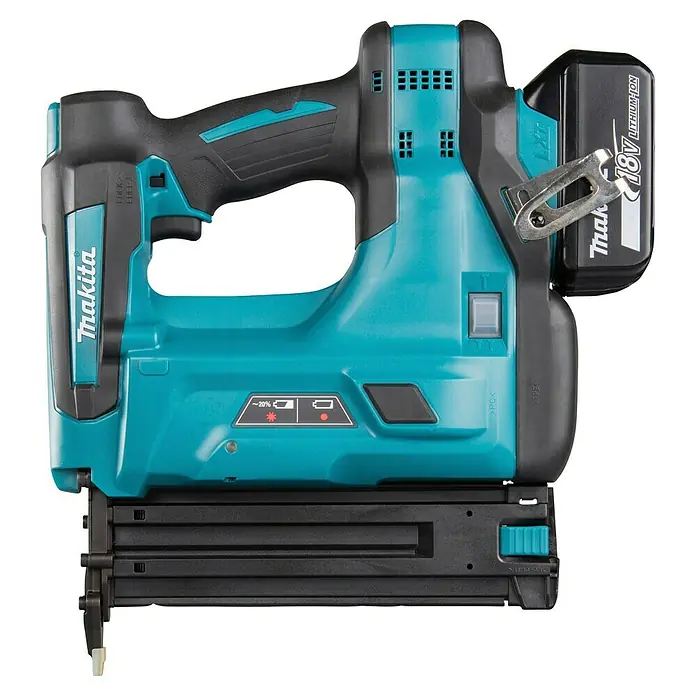 Makita LXT 18V Clavadora de batería DBN500 - 18 V, 2 baterías, 5 Ah, Longitud del clavo: 15 mm - 50 mm - Clavadora inalámbrica Makita turquesa y negra con batería de iones de litio de 18V.