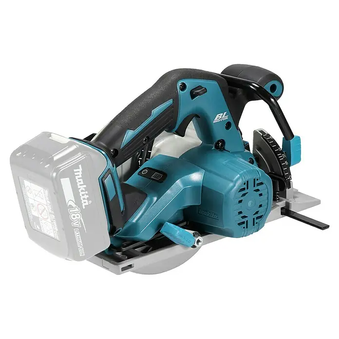 Makita LXT 18V Akku-Handkreissäge DHS680Z - 18 V, Ohne Akku, Leerlaufdrehzahl: 5.000 U/min - Makita 18V Akku-Kreissäge in Türkis und Schwarz mit grauem Li-Ionen-Akku.