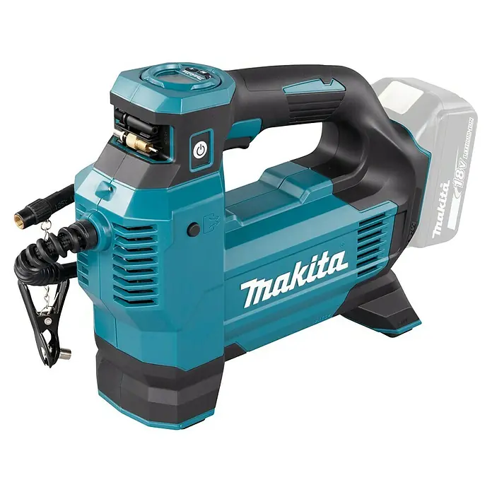 Makita LXT 18V Compresor de batería DMP181Z - 18 V, Sin batería, 11,1 bar - Compresor de aire inalámbrico Makita 18V turquesa y negro, con manguera, boquillas, pantalla digital y batería.