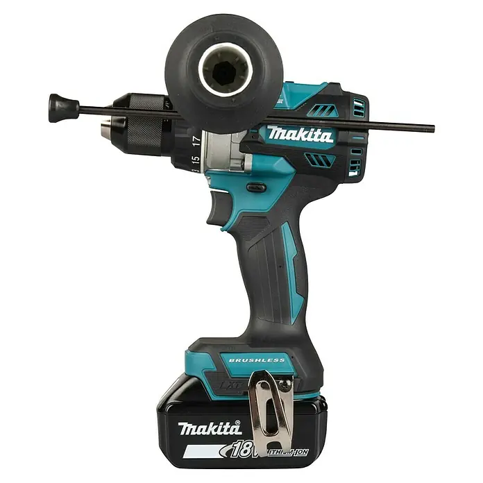 Makita LXT 18V Akku-Schlagbohrschrauber DHP492RTJ - 18 V, 2 Akkus, 5 Ah, 130 Nm - Makita 18V bürstenloser Akku-Bohrschrauber in Schwarz und Türkis, mit Tiefenanschlag und Seitenhandgriff.