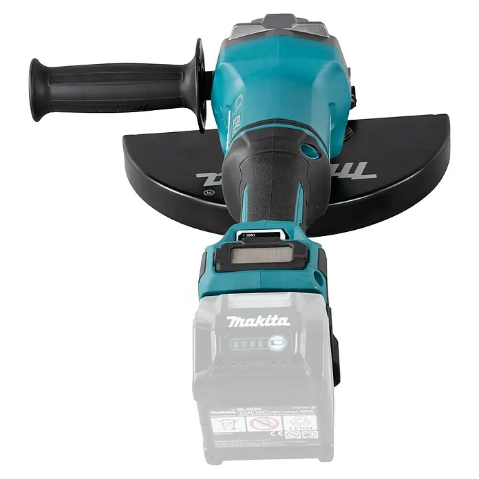 Makita XGT 40V max. Akku-Winkelschleifer GA038GZ - 40 V, Ohne Akku, Durchmesser Scheibe: 230 mm - Türkise und schwarze Makita Winkelschleifer mit Seitenhandgriff, Blattschutz und teildurchsichtiger Batterie.