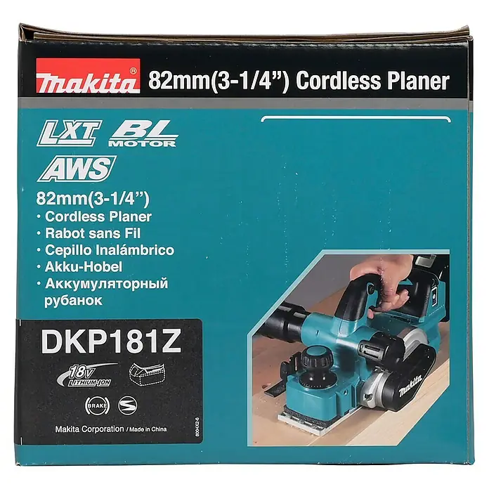 Makita LXT 18V Akku-Hobel - 18 V, Ohne Akku, Leerlaufdrehzahl: 12.000 U/min - Verpackung des Makita DKP181Z 18V Akku-Hobels, zeigt das türkis-schwarze Werkzeug auf Holz.