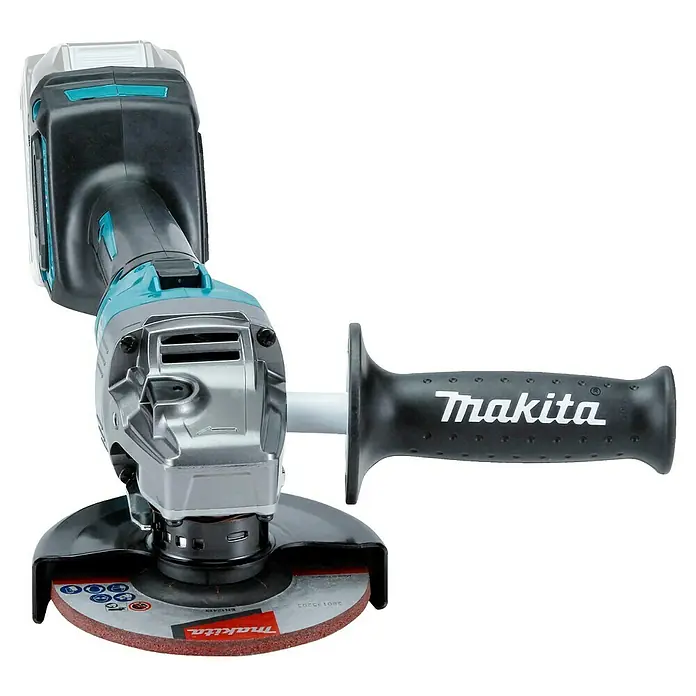 Makita XGT 40V max. Amoladora angular de batería GA008GZ - 40 V, Sin batería, Diámetro disco: 125 mm - Amoladora angular inalámbrica Makita negra y turquesa, con cabezal plateado, disco de corte rojo y empuñadura lateral.
