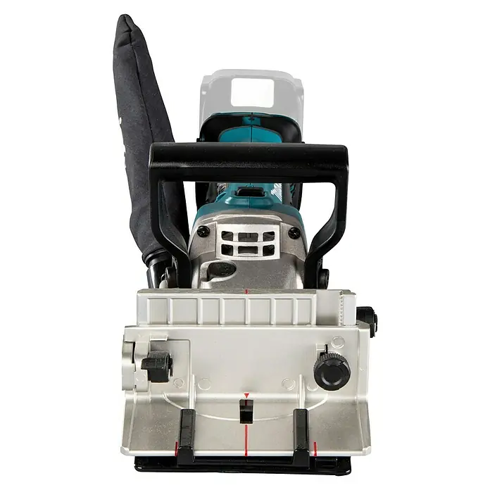 Makita LXT 18V Akku-Flachdübelfräse DPJ180Z - 18 V, Ohne Akku, 0 Ah, Schnitttiefe: 20 mm - Vorderansicht einer silbernen und türkisfarbenen Flachdübelfräse mit schwarzem Griff und Staubbeutel.