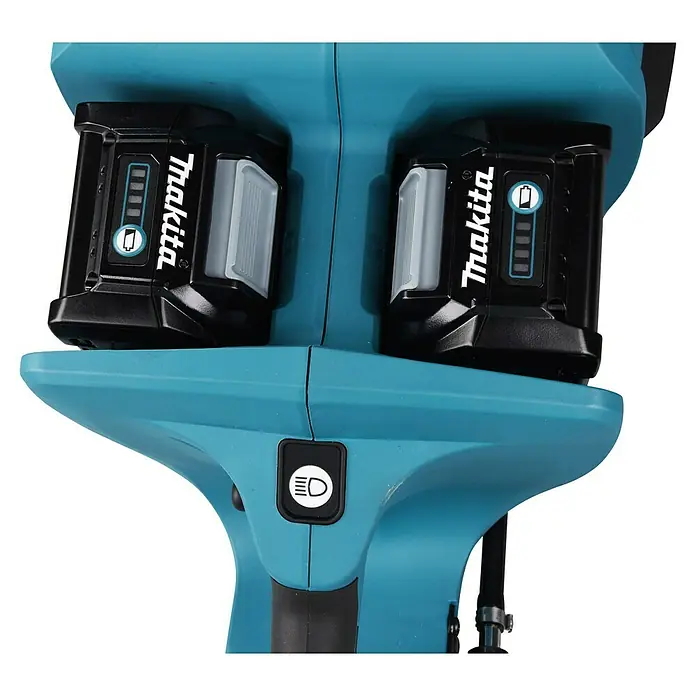 Makita XGT 40V max. Akku-Trennschleifer - Ohne Akku, 5.300 U/min - Türkisfarbenes Makita-Elektrowerkzeug mit zwei schwarzen Akkus und Leuchttaste. Akkus zeigen Ladestände.