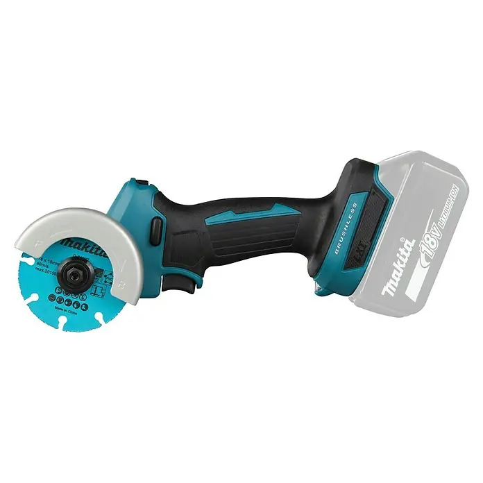 Makita LXT 18V Amoladora angular de batería DMC300Z - 18 V, Sin batería - Amoladora angular sin cable Makita 18V sin escobillas, cuerpo turquesa y negro con disco de corte azul.