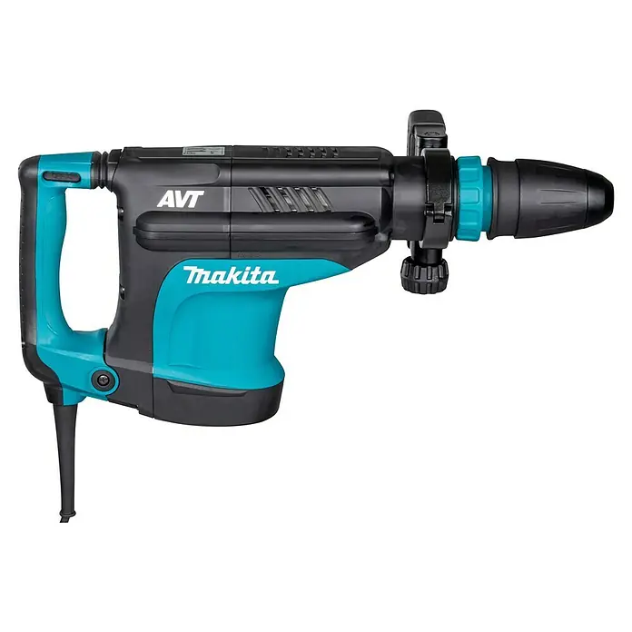 Makita Abbruchhammer HM1213C - 1.510 W, 18,6 J, SDS-Max-Aufnahme - Schwarzer und türkisfarbener Makita AVT Bohrhammer mit Zusatzhandgriff und Bohrfutter.