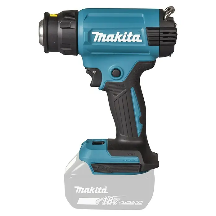 Makita LXT 18V Pistola de aire caliente de batería DHG181ZK - 18 V, Sin batería, Rango de temperaturas: 150 °C - 550 °C - Pistola de aire caliente inalámbrica Makita azul y negra con batería de iones de litio de 18V parcialmente visible.