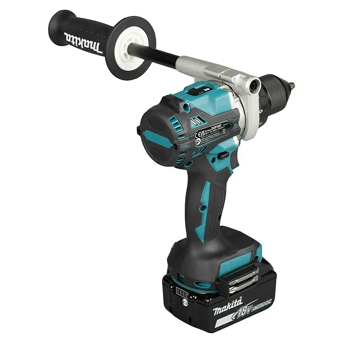 Makita LXT 18V Akku-Bohrschrauber DDF492RTJ - 18 V, 2 Akkus, 130 Nm - Makita 18V Akku-Bohrschrauber in Türkis und Schwarz mit Seitenhandgriff und Akku.
