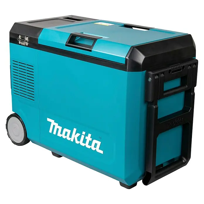 Makita Akku-Kühlbox zum Kühlen & Warmhalten CW004GZ - 18 V, Ohne Akku, 29 l - Türkis-schwarze Makita Kühlbox mit Rollen und Griffen.
