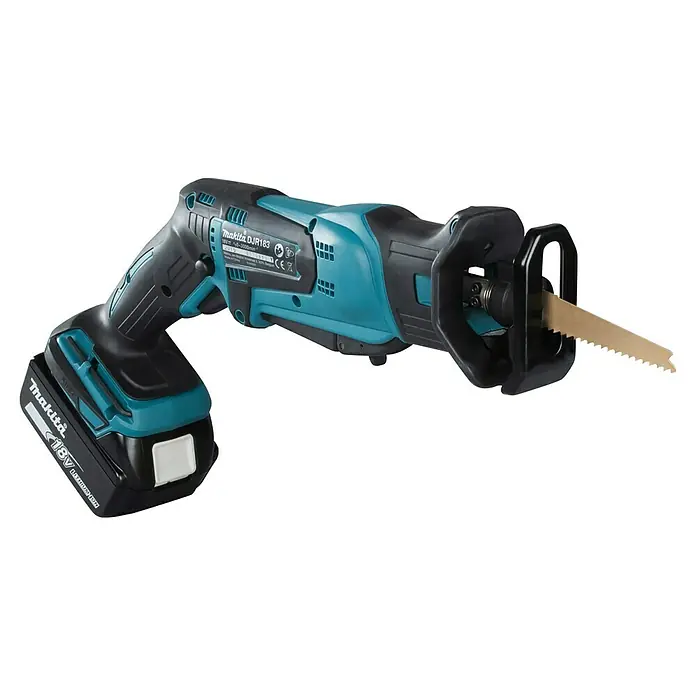 Makita LXT 18V Akku-Säbelsäge DJR183RT1J - 18 V, 1 Akku, 5 Ah, Leerlaufhubzahl: 0 /min - 3.000 /min - Türkis-schwarze Makita DJR183 18V Akku-Säbelsäge mit Akku und Holzsägeblatt.