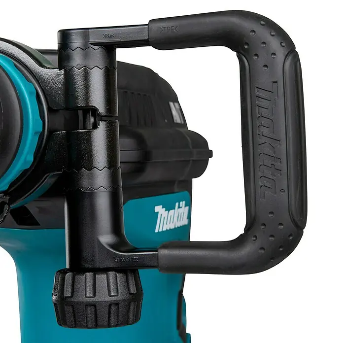 Makita Abbruchhammer HM1213C - 1.510 W, 18,6 J, SDS-Max-Aufnahme - Schwarzer verstellbarer Zusatzhandgriff für ein Makita Elektrowerkzeug, befestigt am türkisfarbenen Gehäuse.