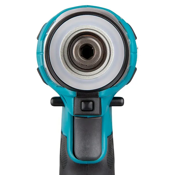 Makita LXT 18V Akku-Schlagschrauber DTD173Z - 18 V, Ohne Akku - Vorderansicht eines türkis-schwarzen Schlagschraubers mit Sechskantaufnahme und transluzentem Lichtring.