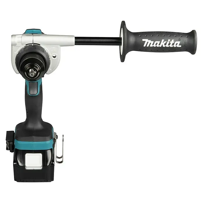 Makita LXT 18V Akku-Bohrschrauber DDF492RTJ - 18 V, 2 Akkus, 130 Nm - Makita Akku-Bohrhammer in Schwarz und Türkis mit Zusatzhandgriff.