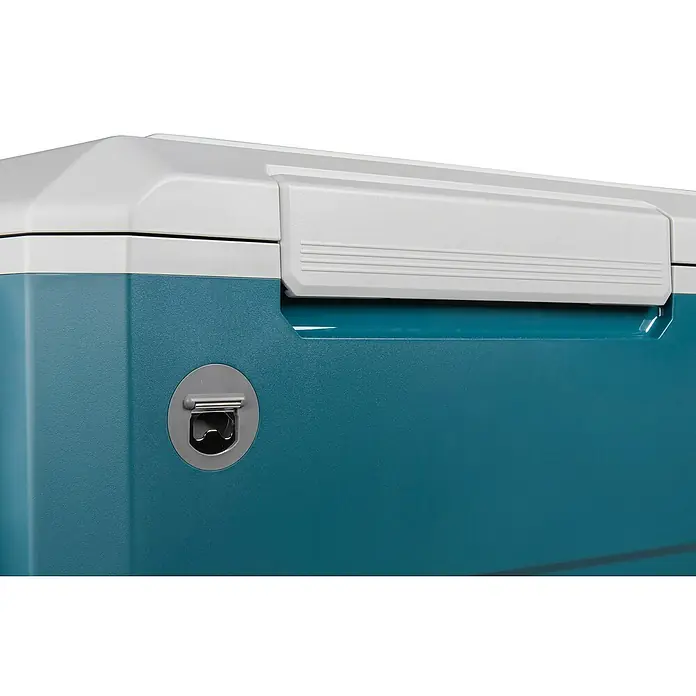Makita Akku-Kühlbox zum Kühlen & Warmhalten CW002GZ01 - Ohne Akku, 50 l - Blauer und weißer Kühler mit integriertem Flaschenöffner an der Seite.