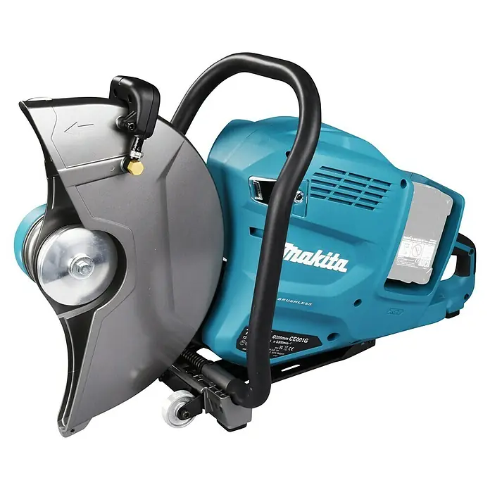 Makita XGT 40V max. Akku-Trennschleifer - Ohne Akku, 5.300 U/min - Makita Akku-Trennschleifer in Türkis und Grau mit großem Blattschutz und Rollen.