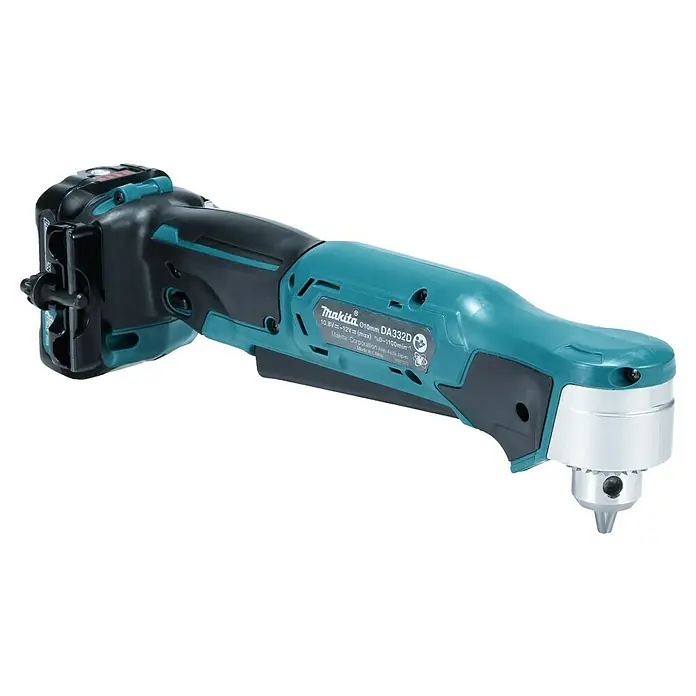 Makita CXT 12V max. Akku-Winkelbohrmaschine DA332DSYJ - 12 V, 1 Akku - Eine kompakte, kabellose Makita Winkelbohrmaschine in Petrol und Schwarz, mit einem silbernen Metallbohrfutter für Arbeiten an engen Stellen.