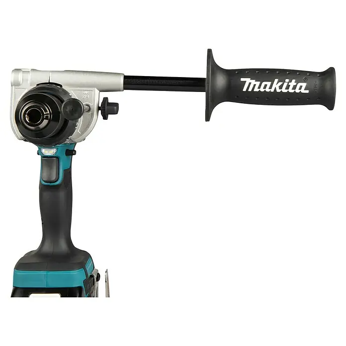Makita LXT 18V Taladro atornillador percutor de batería DHP492RTJ - 18 V, 2 baterías, 5 Ah, 130 Nm - Llave de impacto angular Makita con cuerpo turquesa y negro, cabezal plateado y mango lateral negro.