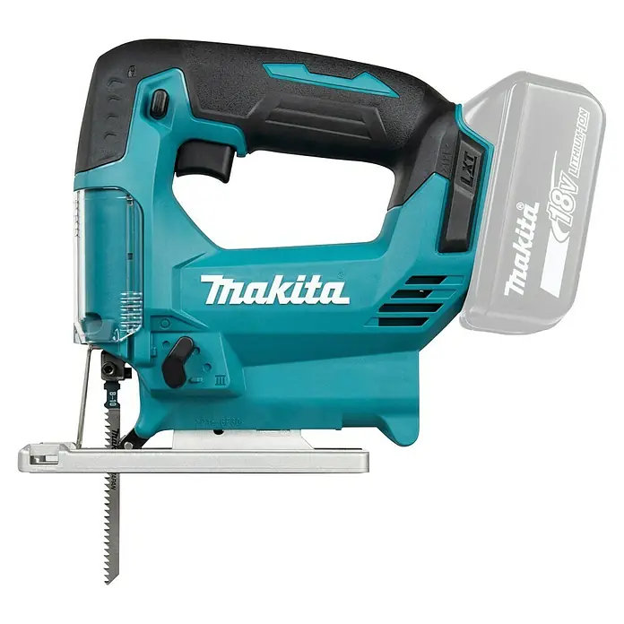 Makita LXT 18V Akku-Pendelhubstichsäge DJV186Z - 18 V, Ohne Akku, 2.900 /min - Eine türkisfarbene und schwarze Makita Akku-Stichsäge mit 18V Lithium-Ionen-Akku und Metallsockel, mit Sägeblatt.