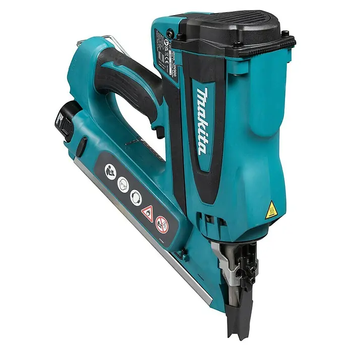 Makita Akku-Gasnagler GN900SE - 7,2 V, 2 Akkus, Länge Nagel: 50 mm - 90 mm - Türkis-schwarzer Makita Gasnagler, ein leistungsstarkes Akku-Befestigungswerkzeug für die Baustelle.