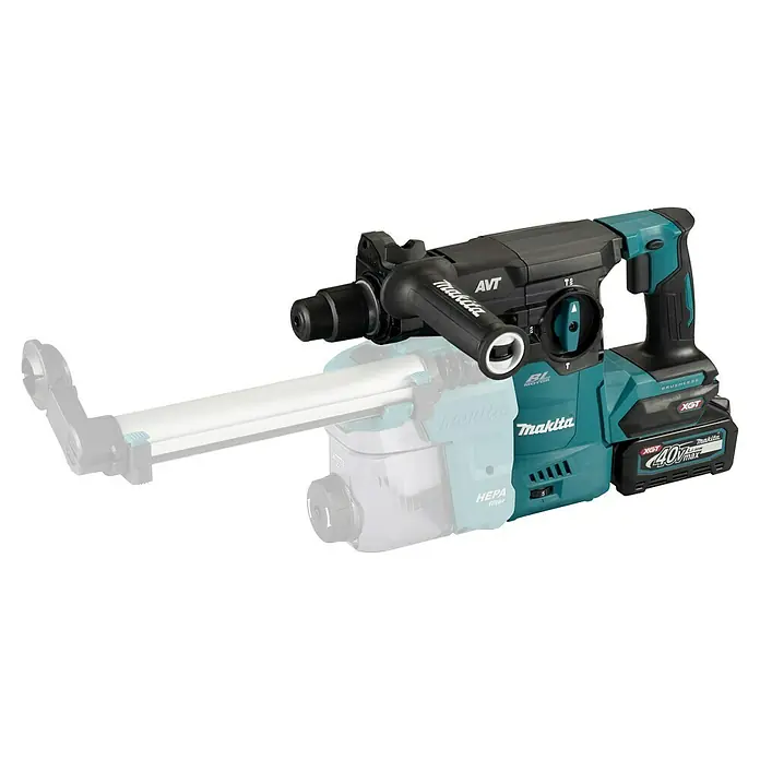 Makita XGT 40V max. Akku-Kombihammer HR008GZ - 40 V, Ohne Akku, 3,9 J - Türkis-schwarzer Makita XGT Akku-Bohrhammer mit transparentem Staubabsauger und 40V Akku.