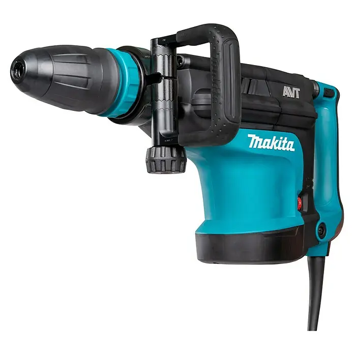 Makita Abbruchhammer HM1213C - 1.510 W, 18,6 J, SDS-Max-Aufnahme - Türkis und schwarzer Makita Bohrhammer mit Zusatzhandgriff und Netzkabel.