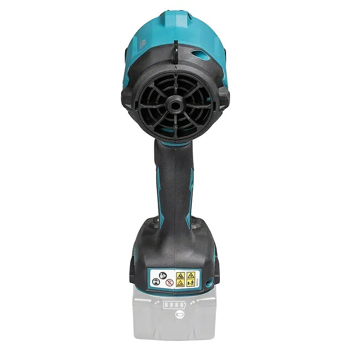 Makita LXT 18V Soplador de batería - 18 V, Sin batería, 200 mm/s - Soplador inalámbrico turquesa y negro, vista frontal, con batería.