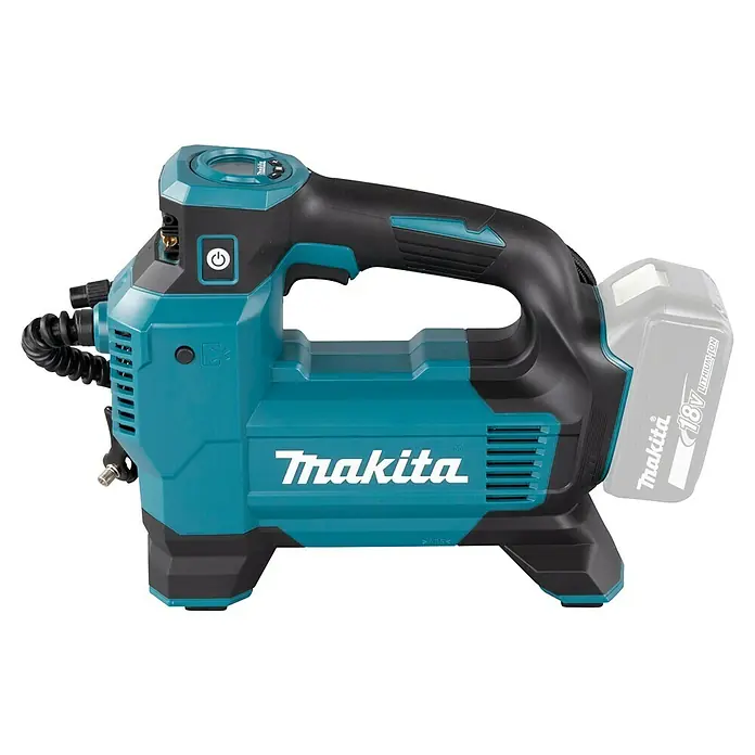 Makita LXT 18V Compresor de batería DMP181Z - 18 V, Sin batería, 11,1 bar - Inflador/compresor de aire inalámbrico Makita 18V turquesa y negro con manguera integrada.