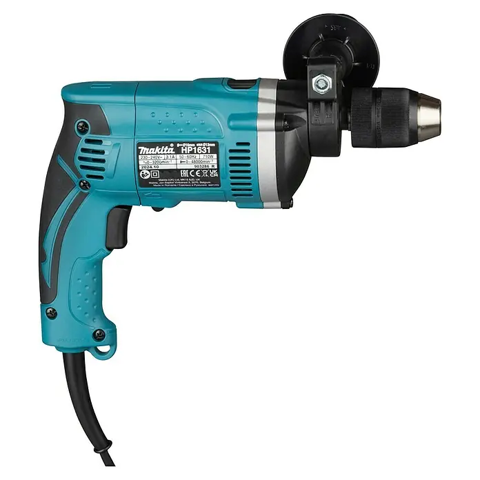Makita Taladro percutor HP1631KX3 - 710 W, Portabrocas de sujeción rápida - Taladro percutor con cable Makita HP1631 turquesa y negro con portabrocas metálico y empuñadura auxiliar.