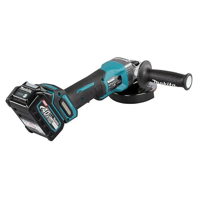 Makita XGT 40V max. Akku-Winkelschleifer GA016GM201 - 2 Akkus, 4 Ah, Leerlaufdrehzahl: 8.500 U/min - Makita 40V XGT Akku-Winkelschleifer in Schwarz-Türkis mit Seitenhandgriff.