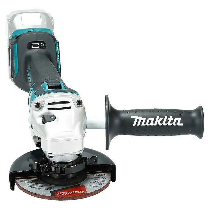 Makita LXT 18V Akku-Winkelschleifer DGA513Z - 18 V, Ohne Akku, Durchmesser Scheibe: 125 mm - Makita Akku-Winkelschleifer in Grau und Türkis mit schwarzem Zusatzhandgriff und brauner Schleifscheibe.