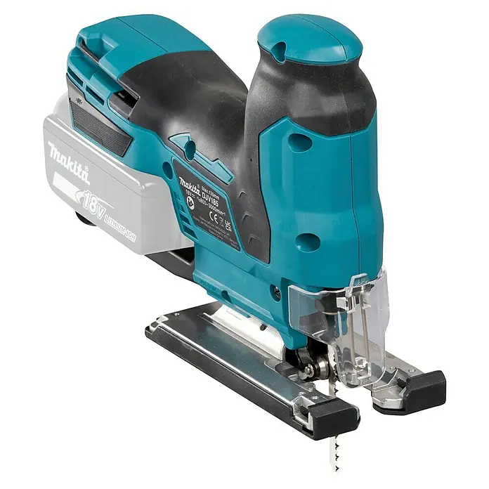 Makita LXT 18V Akku-Pendelhubstichsäge DJV185Z - 18 V, Ohne Akku, Leerlaufhubzahl: 800 /min - 3.000 /min - Makita DJV185 Akku-Stichsäge in Türkis und Schwarz, mit 18V Li-ion Akku und Metallfuß.