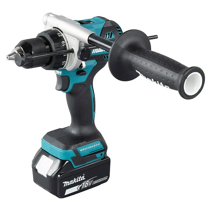 Makita LXT 18V Akku-Schlagbohrschrauber DHP492RTJ - 18 V, 2 Akkus, 5 Ah, 130 Nm - Türkis-schwarzer Akkubohrschrauber mit silbernem Bohrfutter und angesetztem Zusatzhandgriff.