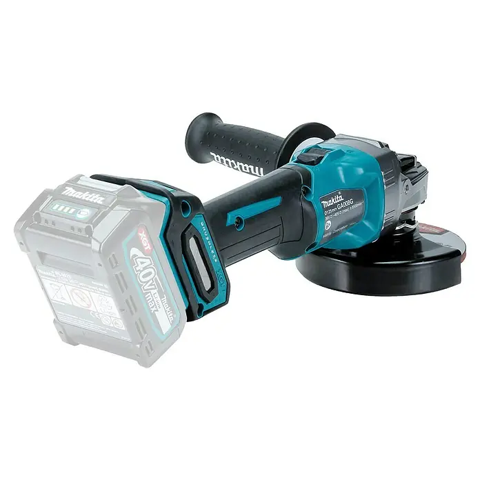 Makita XGT 40V max. Amoladora angular de batería GA008GZ - 40 V, Sin batería, Diámetro disco: 125 mm - Amoladora angular inalámbrica Makita en negro y turquesa con batería.
