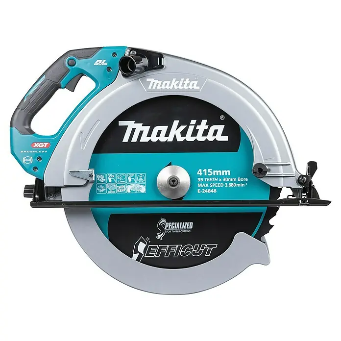 Makita XGT 40V max. Sierra circular de batería HS013GZ - 40 V, Sin batería, Diámetro hoja de sierra: 415 mm, 2.100 r.p.m. - Sierra circular inalámbrica Makita con detalles turquesa y negros, protector de hoja plateado, mango negro y hoja EffiCut grande de 415mm.