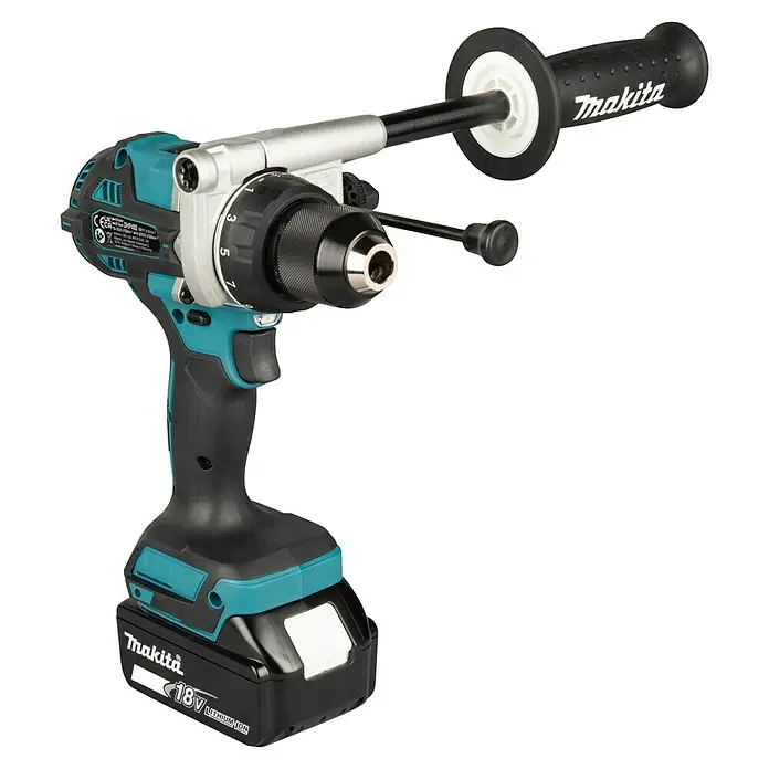 Makita LXT 18V Akku-Schlagbohrschrauber DHP492RTJ - 18 V, 2 Akkus, 5 Ah, 130 Nm - Makita 18V Akku-Bohrmaschine in Türkis und Schwarz mit Zusatzhandgriff und Akkupack.