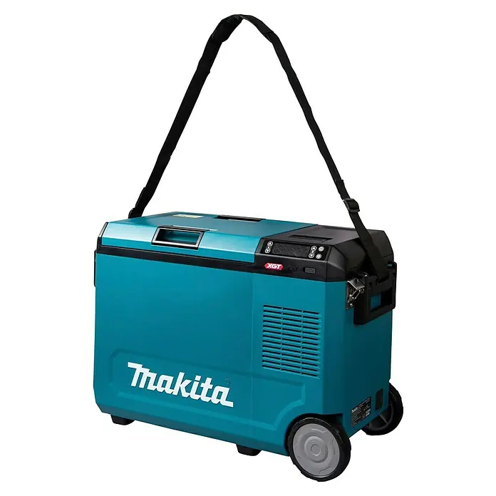 Makita Akku-Kühlbox zum Kühlen & Warmhalten CW004GZ - 18 V, Ohne Akku, 29 l - Makita türkis-schwarze Kühl- und Wärmebox mit Rollen und Schultergurt.