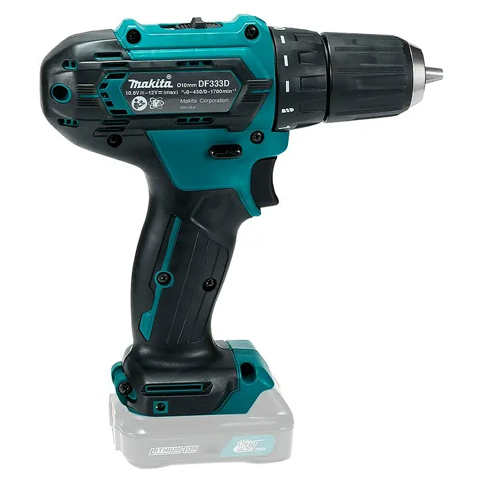 Makita CXT 12V max. Akku-Bohrschrauber DF333DZ - 12 V, Ohne Akku - Schwarz-türkise Makita Akku-Bohrmaschine, Modell DF333D, mit 12V Lithium-Ionen-Akku zum Bohren und Schrauben.