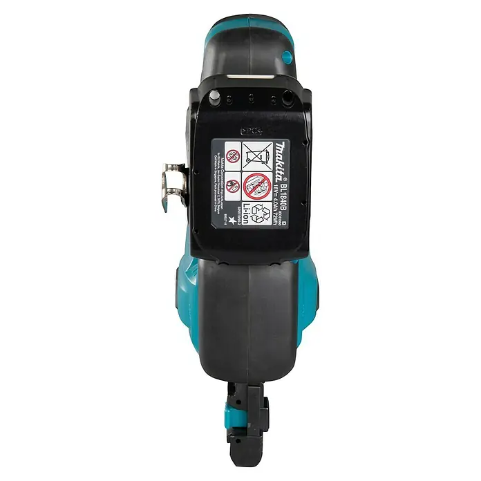 Makita LXT 18V Akku-Nagler DBN500RTJ - 18 V, 2 Akkus, 5 Ah, Länge Nagel: 15 mm - 50 mm - Ein schwarzer und türkiser Makita BL1840B Li-ion 18V 4.0Ah 72Wh Akku, von oben mit sichtbaren Etikettendetails.